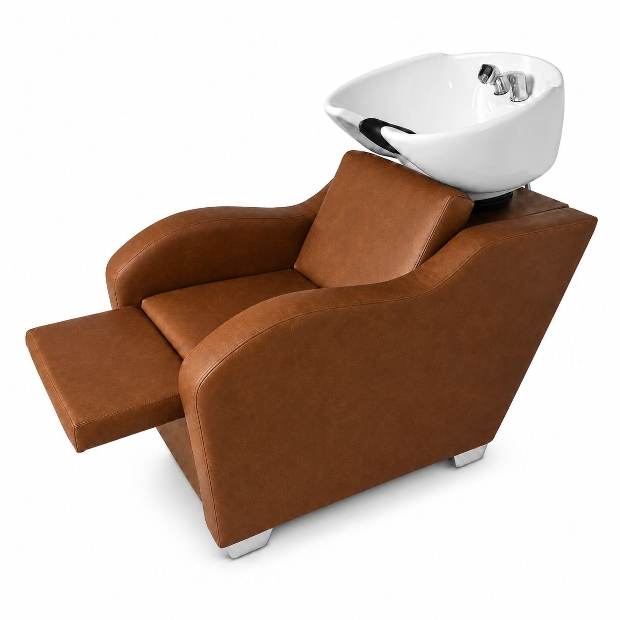 Lavacabezas de Salón Sillón Confort Camel — Taza de Cerámica y Reposapiés Integrado
