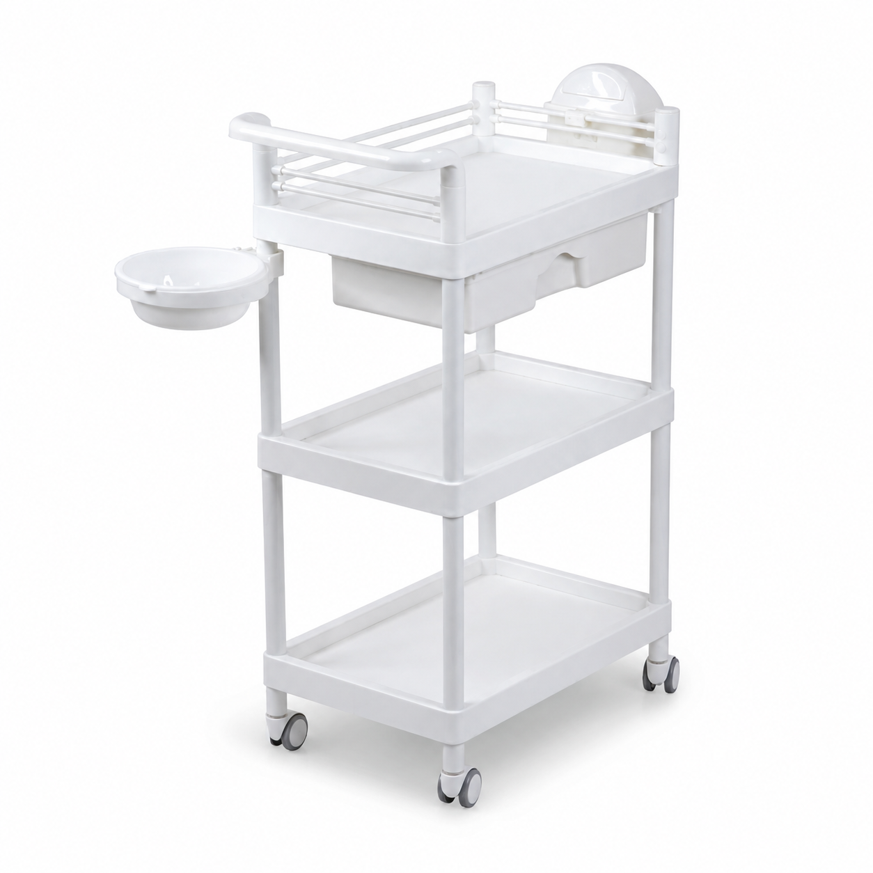 Carrito Auxiliar Estético de 3 Niveles con Cajón y Bandeja Lateral – Blanco