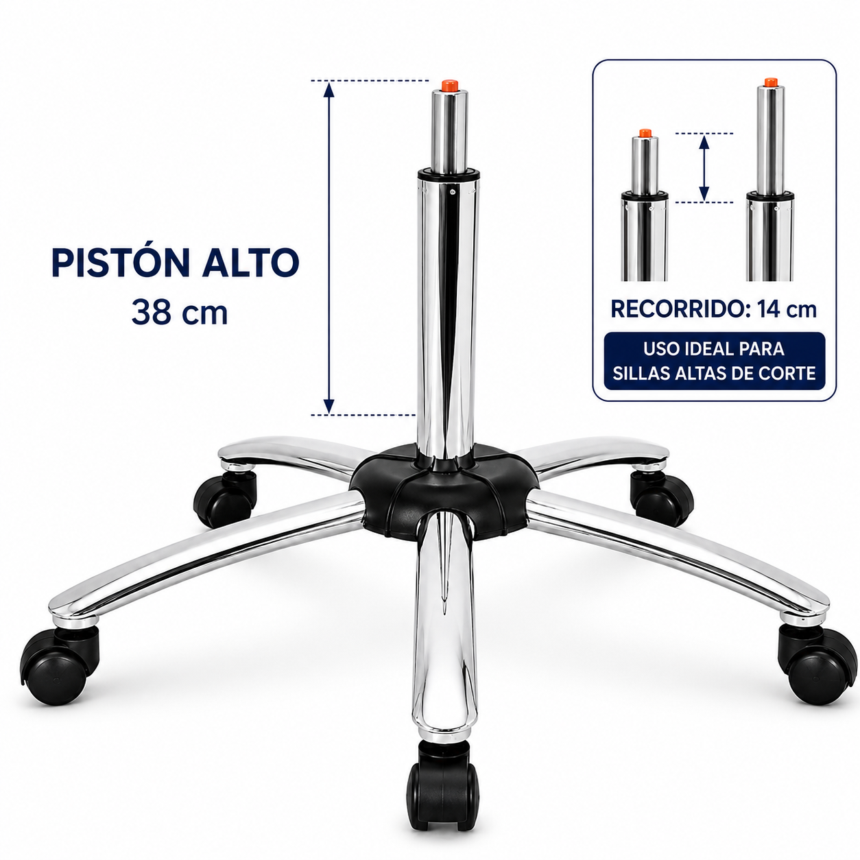 Base Hidráulica Alta con Pistón de 38 cm y Ruedas Cromadas
