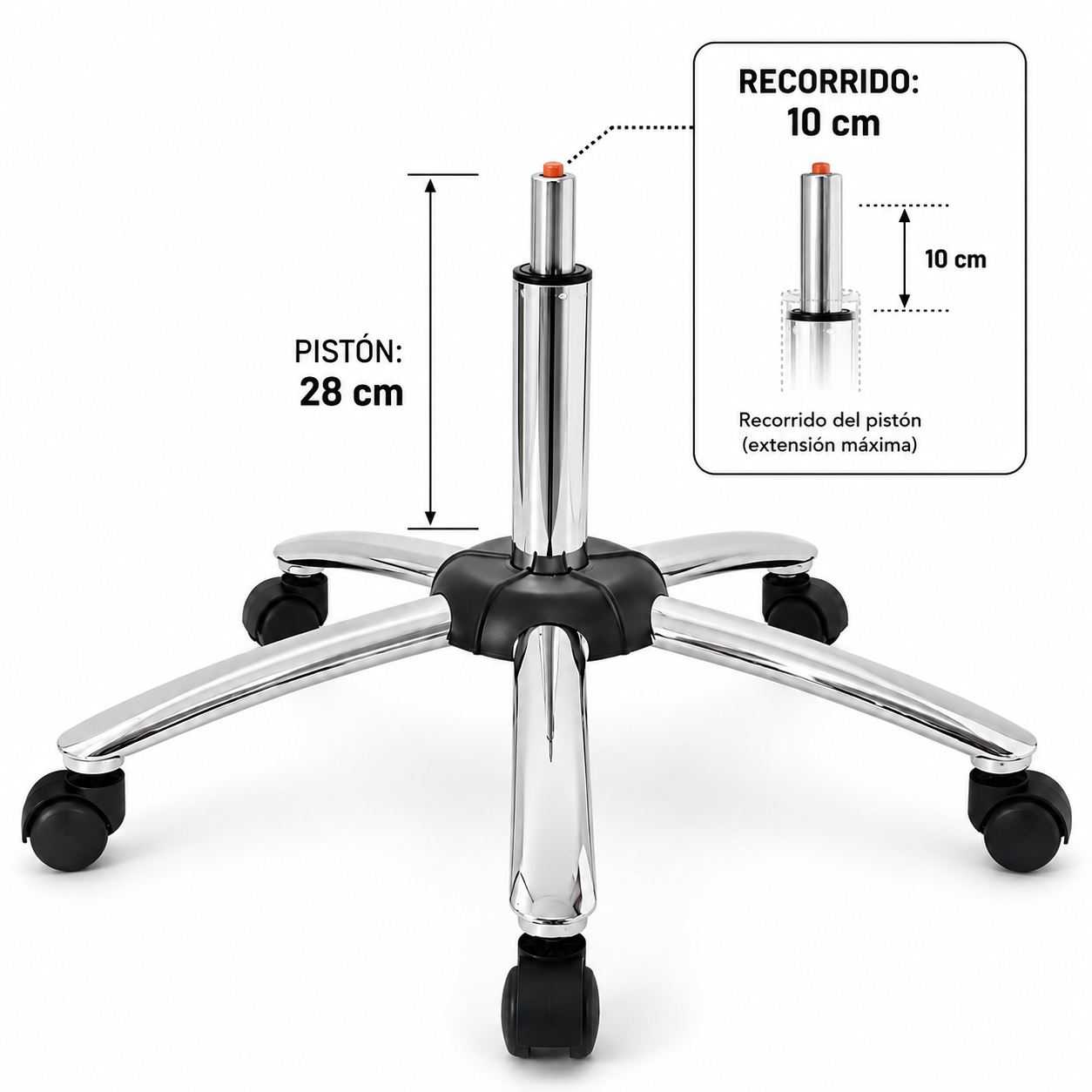 Base Hidráulica Baja con Pistón de 28 cm y Ruedas Cromadas
