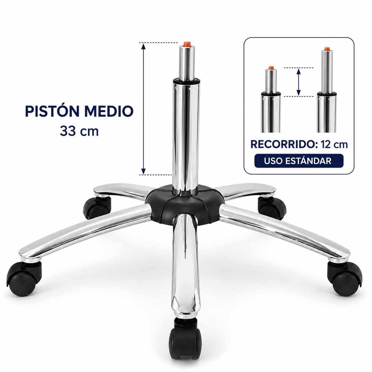 Base Hidráulica Media con Pistón de 33 cm y Ruedas Cromadas