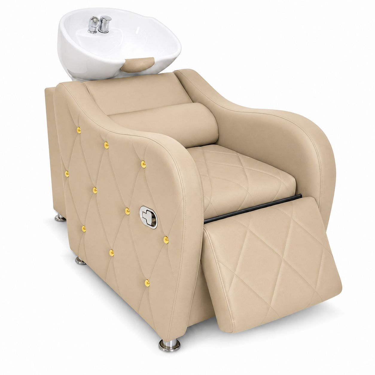 Lavacabeza Reclinable Capitoné Gold Studs Beige — Bowl de Cerámica Blanco