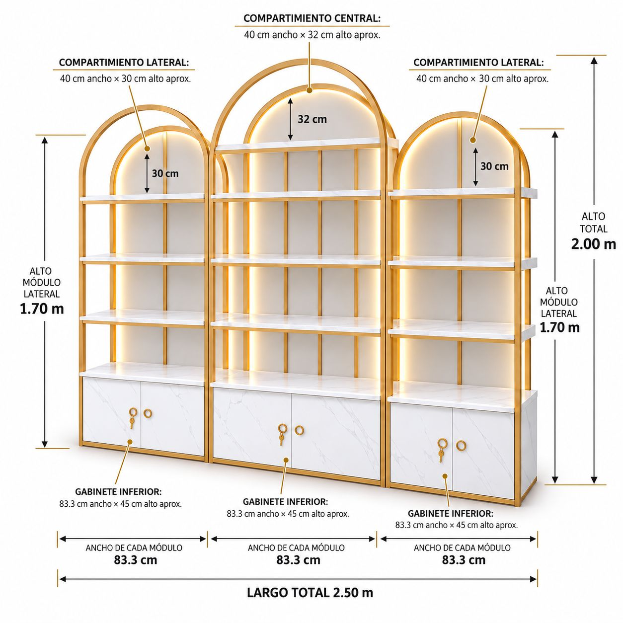 Mueble Exhibidor 3 Módulos Dorado con Luz LED Vera