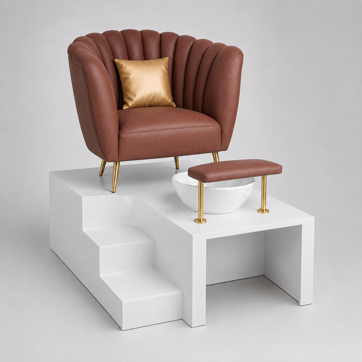 Sillón de Pedicure Marrón con Reposapiés y Barra Dorada