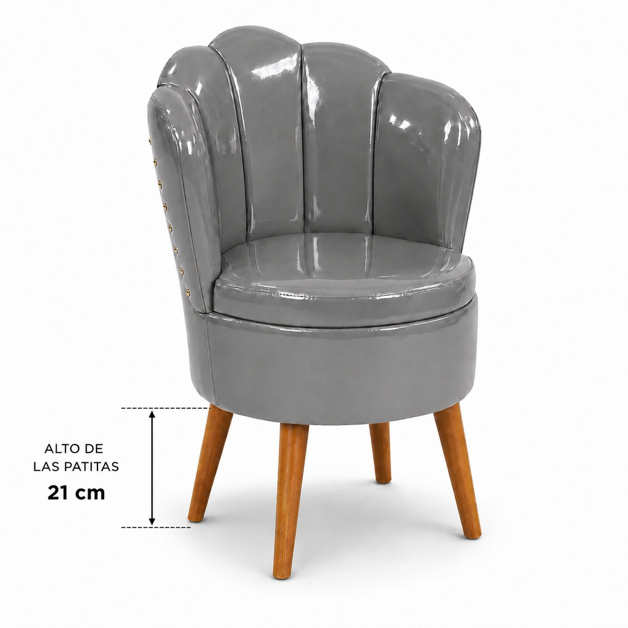 Silla de Tocador Concha Petal Gris — Respaldo en Pétalos con Tachas Doradas y Patas de Madera
