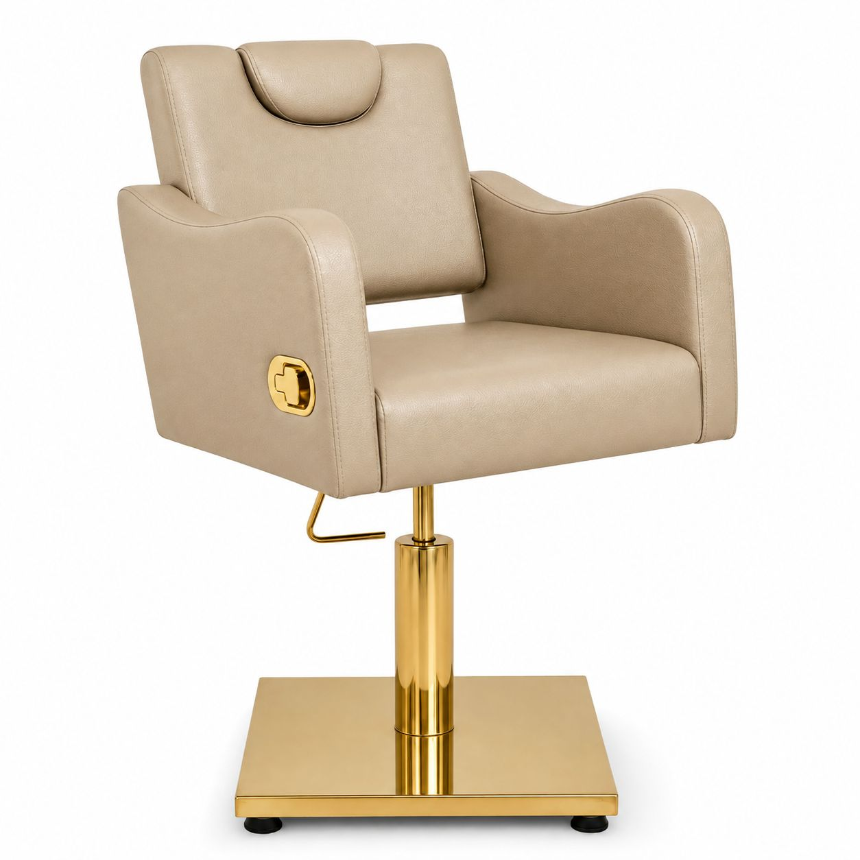 Silla de Corte Hidráulica Gold Elegance — Tapizado Beige y Base Cuadrada Dorada