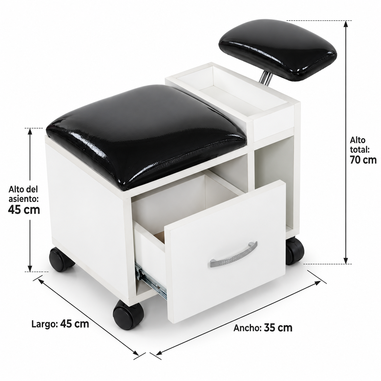 Taburete de Pedicure con Cajón y Reposapiés Reclinable — Blanco y Negro